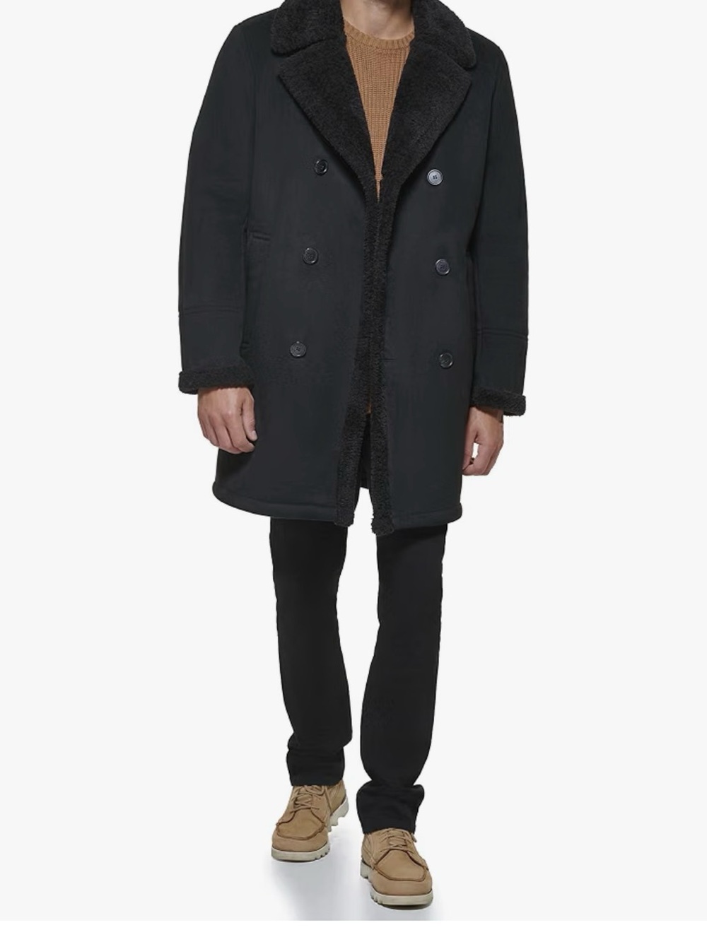 Dockers Black Double-Breasted Shearling-Trim Pea Coat